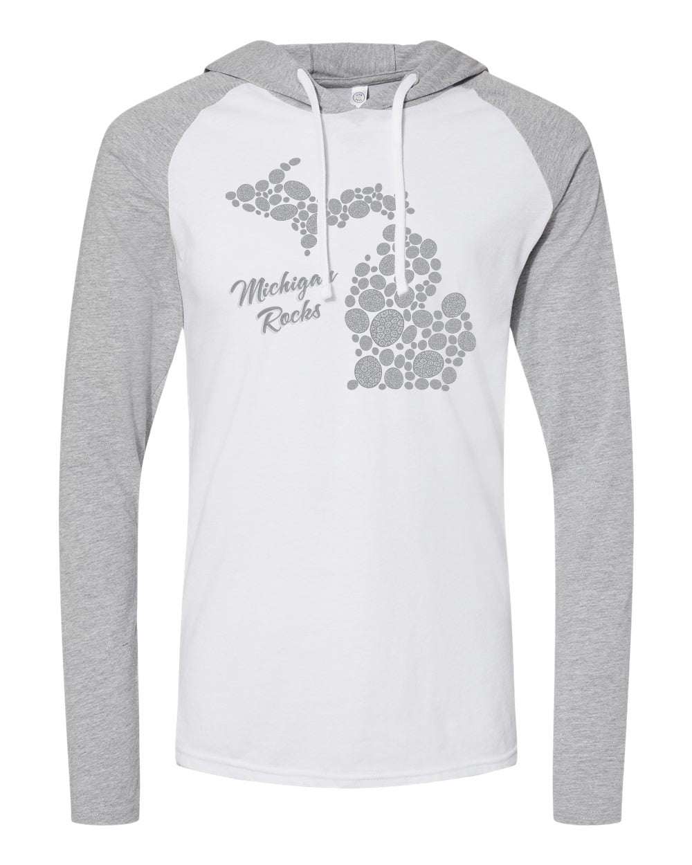 101 MI MAP ROCKS | UNISEX FINE JERSEY LONG SLEEVE HOODED TEE | MICHIGAN COLLECTION