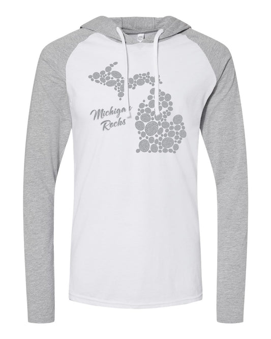 101 MI MAP ROCKS | UNISEX FINE JERSEY LONG SLEEVE HOODED TEE | MICHIGAN COLLECTION